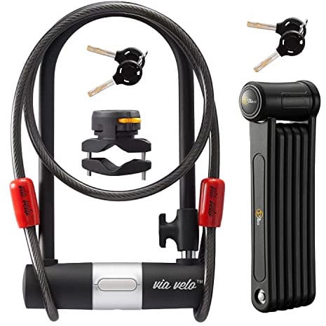 Via Velo 2 Electric Bike Bike Lock Set | Same Key System 4 Keyed Alike keys, Heavy-Duty Hard Steel | 33.5 Folding Lock | 11 Bicycle ULock | 6' Cable | for Electric Bike Fat Tire Scooter Folding Bike