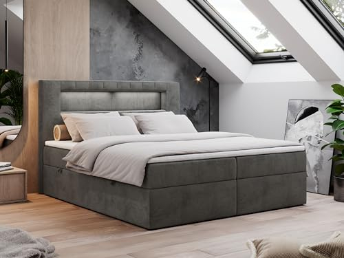 MKS MEBLE Boxspringbett 180x200 mit Led Grau Samt, Polsterbett Bett 180x200 mit LED Kopfteil, Multipocket Matratze H4, Doppelbett mit Bettkasten Stauraumbett - Gold-5 - Dunkelgrau Velvet