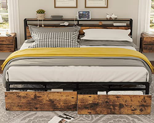 LIKIMIO Kingsize-Bettrahmen mit Kopfteil mit Stauraum, Plattformbett mit Schubladen und Ladestation, Kein Boxspringbett erforderlich, einfache Montage, vintagebraun