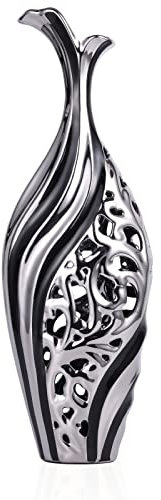 48,3 cm hohe Bodenvase, schwarze und silberne Keramikvase, dekorative Vase, einzigartige Pampasgras-Vase, geeignet für Wohnzimmer, Büro, Veranda, Heimdekoration, große Vase