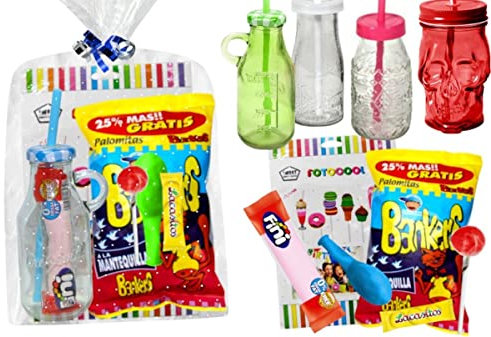 Lote de 5 Bolsas Infantiles con Golosinas Botellas Cristal (a Elegir) y Photocall. Regalos y Detalles Originales para Fiestas de Cumpleaños, Bodas, Bautizos y Comuniones. DC (LUKE)