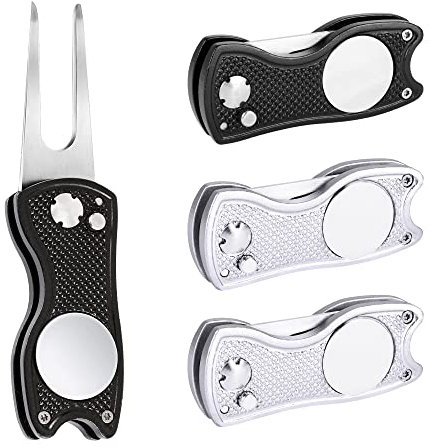 Mile High Life Golf-Pitchgabel-Reparaturwerkzeug mit magnetischem Golfballmarker, faltbar, komplett aus Metall, mit Pop-Up-Knopf, Golfschläger-Halter, Golfzubehör für Herren, 4 Stück, Schwarz, 2