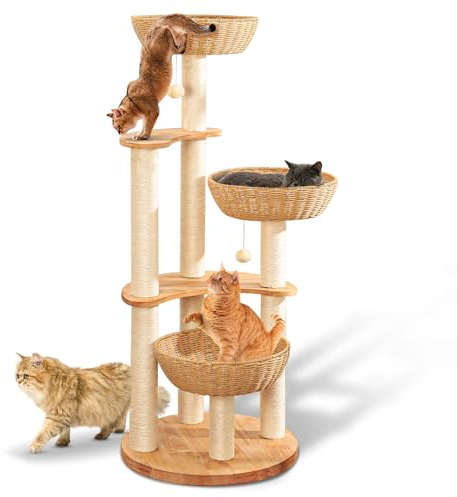 54 Modern Cat Tree Tower for Indoor Cats, Oak Cat Scratching Tree for Multiple Large Cats, Manual Hand Woven Luxury Cat Condo, Unique High-end Design Cat Furniture Activity Centre, Easy Clean