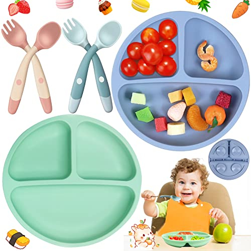 6 Stücke Baby Teller Mit Saugnapf, Kinderteller Mit Saugnapf Silikon, Kinderteller Unterteilt Silikon, Mit 2 Paar Löffeln + Gabeln, Bpa-Frei, Geeignet Für Kleinkinder Kinder (Mintgrün, Grau Blau)
