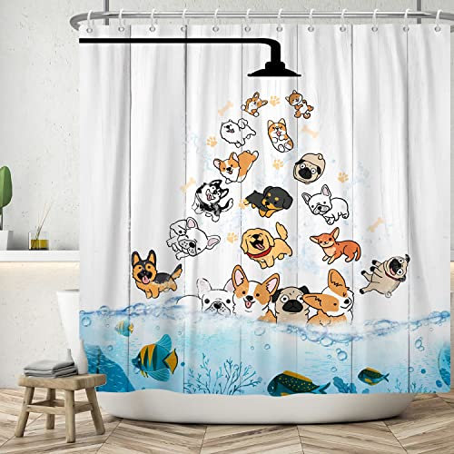 Ttincceer Cute Dog Shower Curtain 180x200cm Cartoon Puppy Animal Pattern Shower Curtain Set für Kinder Kinder Badezimmer Dekor Happy Puppy Schwimmen Fisch Badezimmer Vorhang