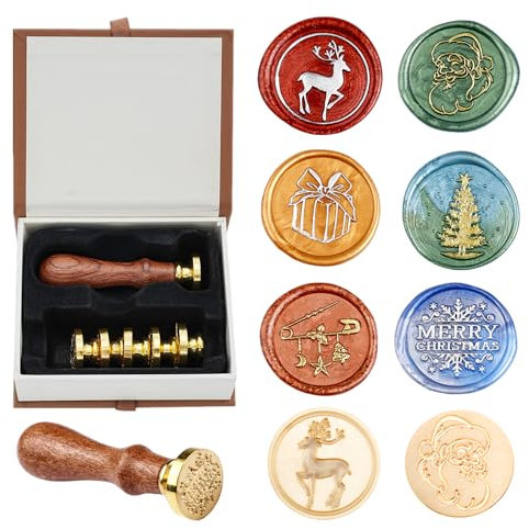 Comealltime Wachs Siegel Stempel Set - 6pcs Kupfer Wachs Siegel Stempel und Abnehmbarer Holzgriff, Siegelwachs Stempel (Weihnachtsmann, Elchhirsch,Schneeflocke etc.) für DIY Karten Umschläge Geschenk