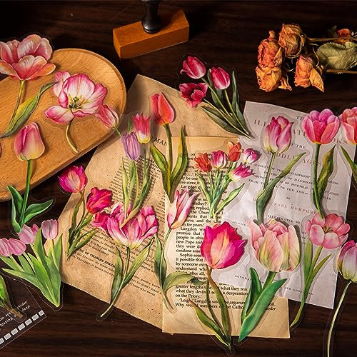 Flower Transparent Scrapbook Stickers,40 Pcs Self-Adhesive Vintage Style Scrapbook Accessories Floral Stickers for Adults,PET Retro Craft Kindle Stickers for Scrapbooking,Laptop, Journal(Tulip)