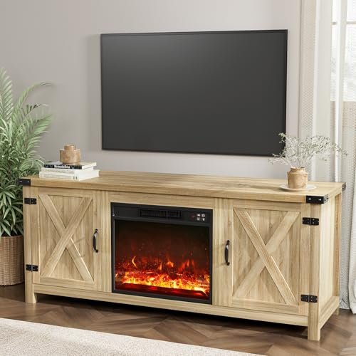 YESHOMY Soporte de TV con chimenea con dos puertas de granero y armarios de almacenamiento para televisores de hasta 65 pulgadas, mesa de consola central de entretenimiento, muebles multimedia para