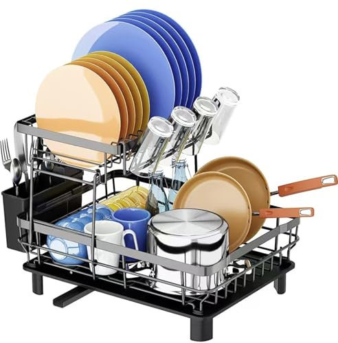 DMTXCRP Escurridor de platos, ahorro de espacio, duradero, resistente al óxido, grande, de acero inoxidable, de 2 niveles, para encimera de cocina, con soporte para cubiertos y escurridor, color gris
