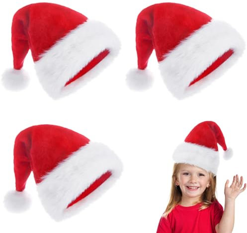 POPOYU 3 Stück Weihnachtsmütze Nikolausmütze Kinder,Weihnachtsmann Kostüm Nikolausmütze,Rote Mütze Dicker Plüsch Fellrand aus Plüsch Nikolaus,Weihnachtsmann Mütze für Herren/Damen