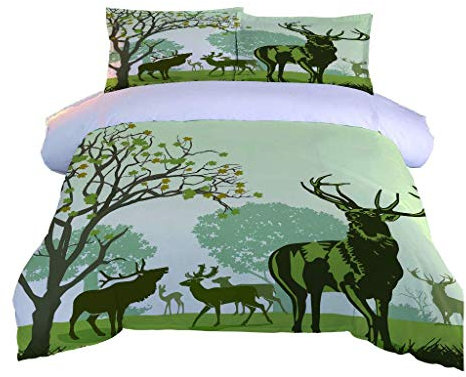 Bettwäsche Set 200X200 3 Teilig Mikrofaser Winter Bettbezug, 3D Grünes Tier Hirsch Druck Muster Bettbezüge Mit Reißverschluss Und 2 Kissenbezug 80X80Cm, Für Kinder Und Erwachsene