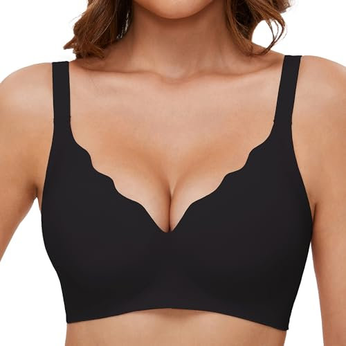 GXOULRRA V Ausschnitt BH Damen ohne Bügel Softschalen Bustier High Elastizität BHS Tshirt Bügelloser mit zusätzlicher Verlängerung Schwarz M