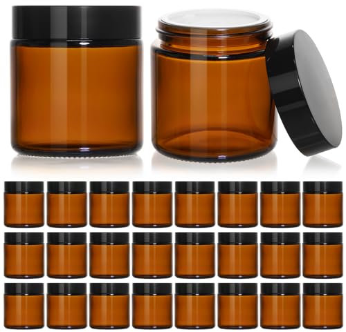 KEYWING Lot de 24 petits bocaux en verre ambré avec couvercles noirs de 118 ml - Pots ronds en verre avec doublures intérieures pour lotions, poudres et pommades