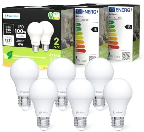 sailsco Klasse B E27 LED Kaltweiss Lampe,8W 6500K 1521 Lumen Kaltweiß LED Lampen,A60 Energiesparlampe 100W Glühbirne Ersetzt,Nicht Dimmbar LED Leuchtmittel,6 Stück