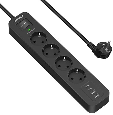 Steckdosenleiste Überspannungsschutz,JSVER Mehrfachsteckdose(3680W 16A) mit 4 Fach,2 USB A und 2 USB C Verteilersteckdose mit Schalter, Wandmontage Verlängerungskabel für Zuhause Büro, 2M-Schwarz