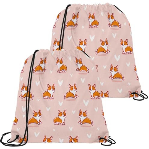 VAPOKF 2 x Beutel mit Kordelzug, PE-Sportbeutel, große Schnur, Schwimmtrainer-Tasche, personalisierbar, für Schule, Fitnessstudio, Sport, Reisen, niedliches Corgi-Doga-Herz-Liebesmuster, multi,