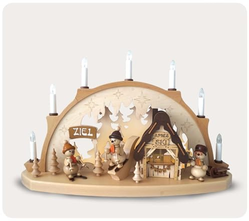 Rudolphs Schatzkiste Schwibbogen Schneemänner beim Apres Ski mit elektrischer Beleuchtung BxHxT 53x33x14cm NEU Lichterbogen Fensterbogen Spitzbogen Erzgebirge Weihnachten Bergbau Bergmann Licht Holz