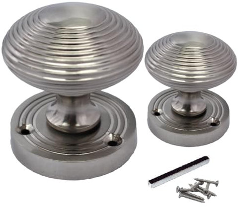 Satin Door Knobs Reeded Round Internal Mortice Sprung Door Knob Set Pack Pair Victorian Door Knobs 56mm