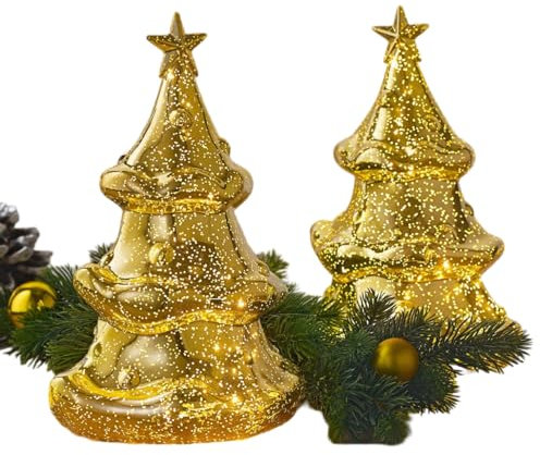 BURI LED Tannenbaum Tischleuchte 25 cm Deko Aufsteller warm weiß beleuchtet - Tischleuchte in Tannenform Weihnachten Advent Winter Tisch Deko Beleuchtung Batterie betrieben