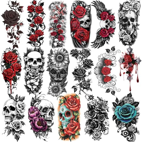 77 Blatts mit GothicTemporären Tattoos, 17 Blatt mit Halben Armen Blumen Totenkopf Rose Fake-Ärmeln für Erwachsene Männer Frauen, 60 Blatt Kleine Tattoos für Jungen, Mädchen und Kinder