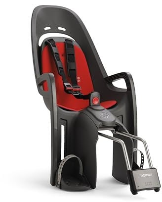 Hamax Zenith Rahmenmontierter Fahrradkindersitz – Grau mit roter Polsterung, Verstellbarer 3-Punkt-Gurt, Stoßdämpfung, für Kinder ab 9 Monaten, max. 22 kg