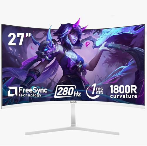 Gawfolk 27 pollici 280Hz curvo monitor per computer da gioco, 1800R,FHD 1080P, 98% sRGB, 1ms,FreeSync,178 ° grandangolo,HDMI、DisplayPort,Compatibile con il montaggio a parete 100 * 100mm - bianco