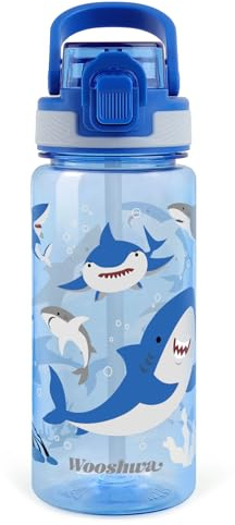 wooshwa Botella de Agua Niños y Niñas 600ml, Botella Infantil con Pajitas para Colegio Deportes Viajes, A prueba de fugas y Sin BPA - Tiburón Azul