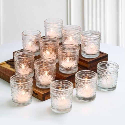 12er Set Teelichtgläser Glas, Vintage Teelichthalter mit Relief-Muster, Kerzengläser für Votivkerzen, Kerzenhalter Glas als Tischdekoration für Hochzeit, Geburtstag, Party & Ganzjährige Wohndeko