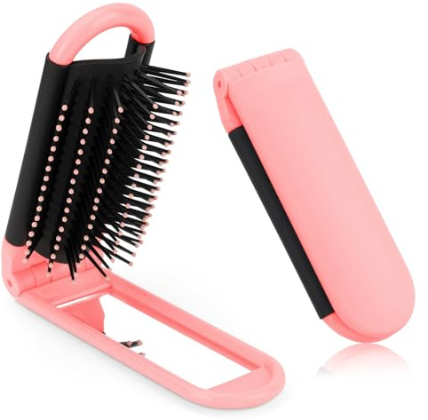 OSDUE Faltbare Reise Haarbürste, Reise Haar Bürste mit Spiegel Haarmassagekamm Tragbare kompakte Haarbürste Mini Taschen Haarkamm Klappkamm für Damen Herren Frauen, Rosa