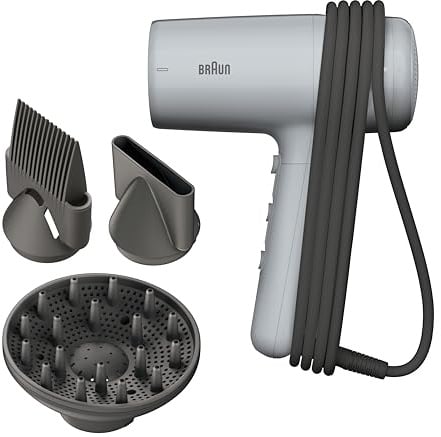 Braun Hairdryer HD2.35, kraftfull hårfön med diffuser, kam för utslätning och fönmunstycke, IONTEC-teknologi, 2200 W motor med 3 värmelägen och 2 hastighetsinställningar, satingrå finish, BRHD235E