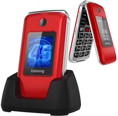 Tosaju 4G Seniorenhandy ohne Vertrag Klapphandy 1200 mAh Akku Lange Standby Mobiltelefon Großtasten Handy für Senioren mit Ladestation SOS Notruftaste Dual-SIM 2,8 und 1,77 Zoll Farbdisplay Rot