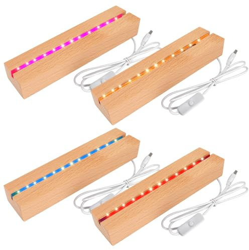 PORFOYO 4 unidades de zócalos LED para cristal acrílico, 30 cm, base de luz LED para cristal, 7 colores, USB de madera, rectángulo iluminado, soporte de exhibición, para cristales, placa de acrílico