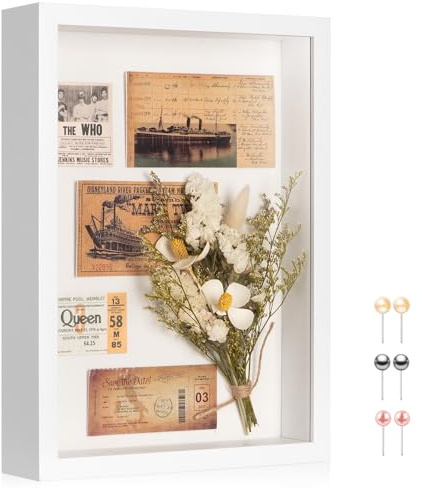 MUXIUNT 3D Bilderrahmen zum Befüllen A4 Mit Echtes Glas–Leinen | mit Stecknadeln Und Standfuß, 3.8cm Tiefer Bilderrahmen zum Befüllen – Ausstellung, Basteln, Hochzeit, Blumen, Foto, Andenken