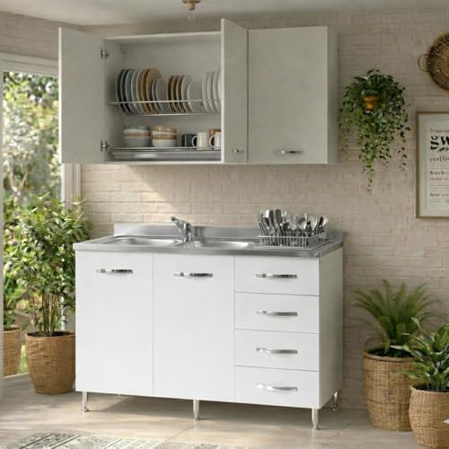 Linea Azzurra Sottolavello Cucina 120 Completo con Pensile 40, Colapiatto, Lavello e Miscelatore Cucina con 4 Cassetti e 2 Ante in Legno Made in Italy H85xL120xP50 cm (Bianco, Vasca a Sinistra)