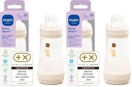 MAM Easy Start Anti-Colic Babyflasche | 0+ Monate | Testsieger | Milchflasche für Neugeborene | 94% Akzeptanz | Weniger Koliken | stillfreundliche Baby Trinkflasche | Sauger Gr. 1 | 260ml | Hase