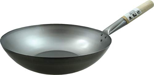 JADE TEMPLE Wok aus Carbonstahl, mit flachem Boden und 35 cm Durchmesser, mit rundem Holzgriff, Grau