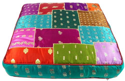 Orientalisches Patchwork Kissen 50 cm, Bodenkissen, grün, türkis/bunt | Eckiges Sitzkissen, 100% Viskose, Reißverschluss, einzigartiges Design, gemütlich und praktisch für jeden Raum.