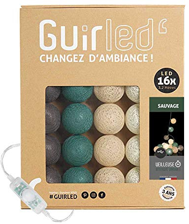 GuirLED - LED Baumwollkugeln Lichterkette USB - Baby Nachtlicht 2h - Dual USB 2A Netzteil enthalten - 3 Intensitäten - 16 Kugeln 1.6m - Sauvage