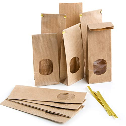 Logbuch-Verlag 10 kleine braune Beutel mit FENSTER zum Befüllen 7 x 4 x 20,5 cm MIT CLIPS Sichtfenster Lebensmittel Keksbeutel innen foliert