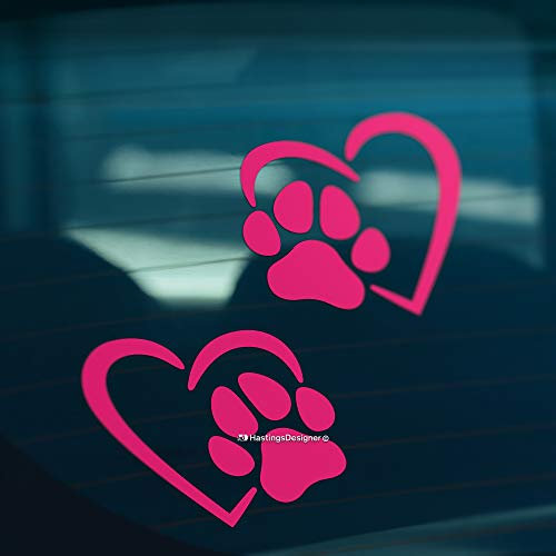 HastingsDesigner 2x DOG PAW PRINT HEART Pet Puppy Car,Van, Window, Bumper Vinyl Decal Stickers (Pink)