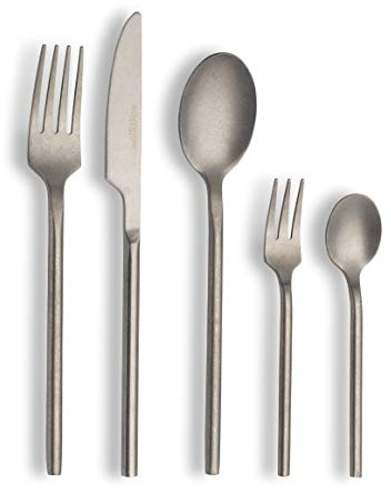 Echtwerk EW-BS-2015 Tafelbesteck Bari, Stonewashed silber, 20-teilig (inkl. Kuchengabel), Essbesteck für bis zu 4 Personen, Hochwertiger Chromnickelstahl, Edelstahl