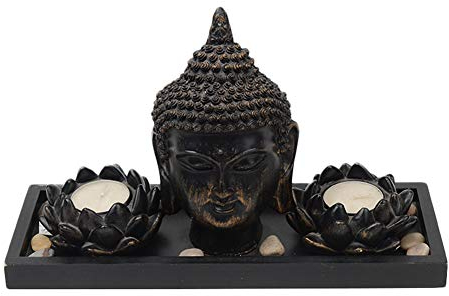 Buddha-Kerzenhalter, Skulptur, Zen-Garten-Set, mit Lotus-Teelichthaltern und Holztablett, Kerzenhalter (schwarz)