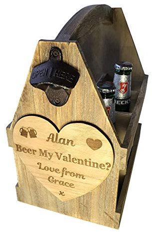 Personalised Valentines Day Gift For Him Bottle Opener Beer Caddy Crate, Vintage Wooden Beer Holder Beer Gift Box
