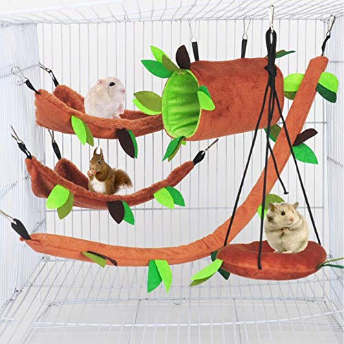 Hamster Hängematte Kleintiere Dschungel hängen warmes Bett Haus Käfig Nest Zubehör Waldmuster Käfig Spielzeug Blatt hängen Tunnel und Schaukel für Sugar Glider Eichhörnchen Hamster spielen (5 Stück)