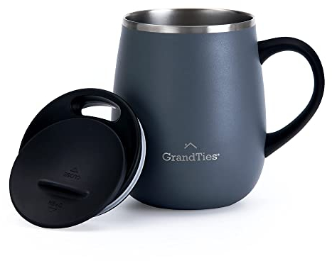 Grandties Thermo Kaffeebecher mit Griff - Schiebedeckel für Spritzschutz 480 ml - Steingrau, L, Grau