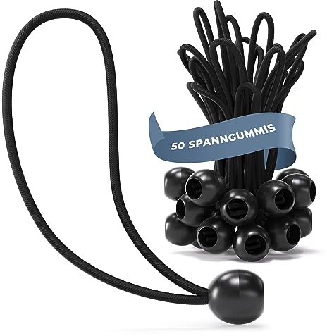 TALVANI 25 | 50 Profi Spanngummis mit Kugel - 200 mm schwarz weiß - Planenspanner Set zur Befestigung von Planen - Gummispanner für Trampolin, Anhängerplane, Zelt - Spanngummi Anhänger (50, Schwarz)
