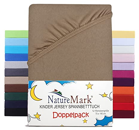 NatureMark 2er Set Kinder Spannbettlaken Jersey, Spannbetttuch 100% Baumwolle, für Babybett und Kinderbett | 70x140 cm - Sand/Beige