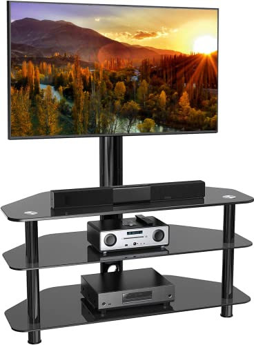 Swivel Corner Floor TV Stand with Mount for 32 37 43 47 50 55 60 65 inch Flat Curved Screen TVs, Adjustable 3-Tier Tempered Glass Storage Television Stand with Cable Management, Max VESA 600X400mm