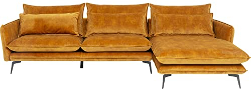 Kare Design Ecksofa Monza, Curry, Eckcouch mit Ottomane rechts, Kissen inklusive, Samtoptik, Holz Korpus, Stahlfüße, 84x296x175 cm (H/B/T)