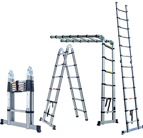 Telescoping Ladder 3.8M, Multifunction Stainless Steel Folding Ladder 1.9M+1.9M Collapsible Ladder Extension Ladder for Home Building Indoor Outdoor Using